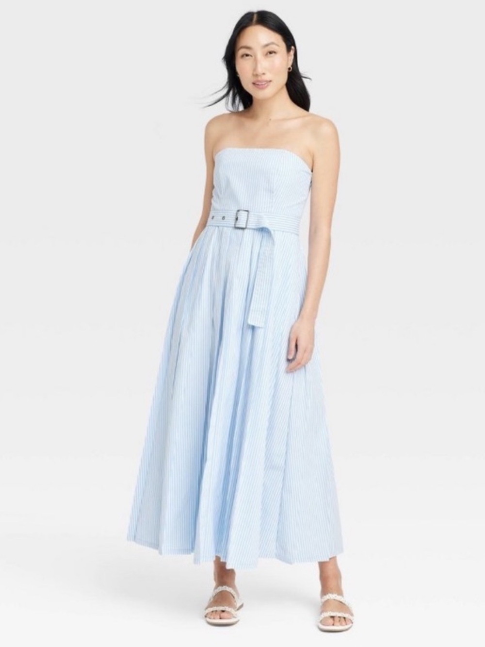 A New Day Women's Belted Midi Bandeau Dress - Blue/White Striped - 6
